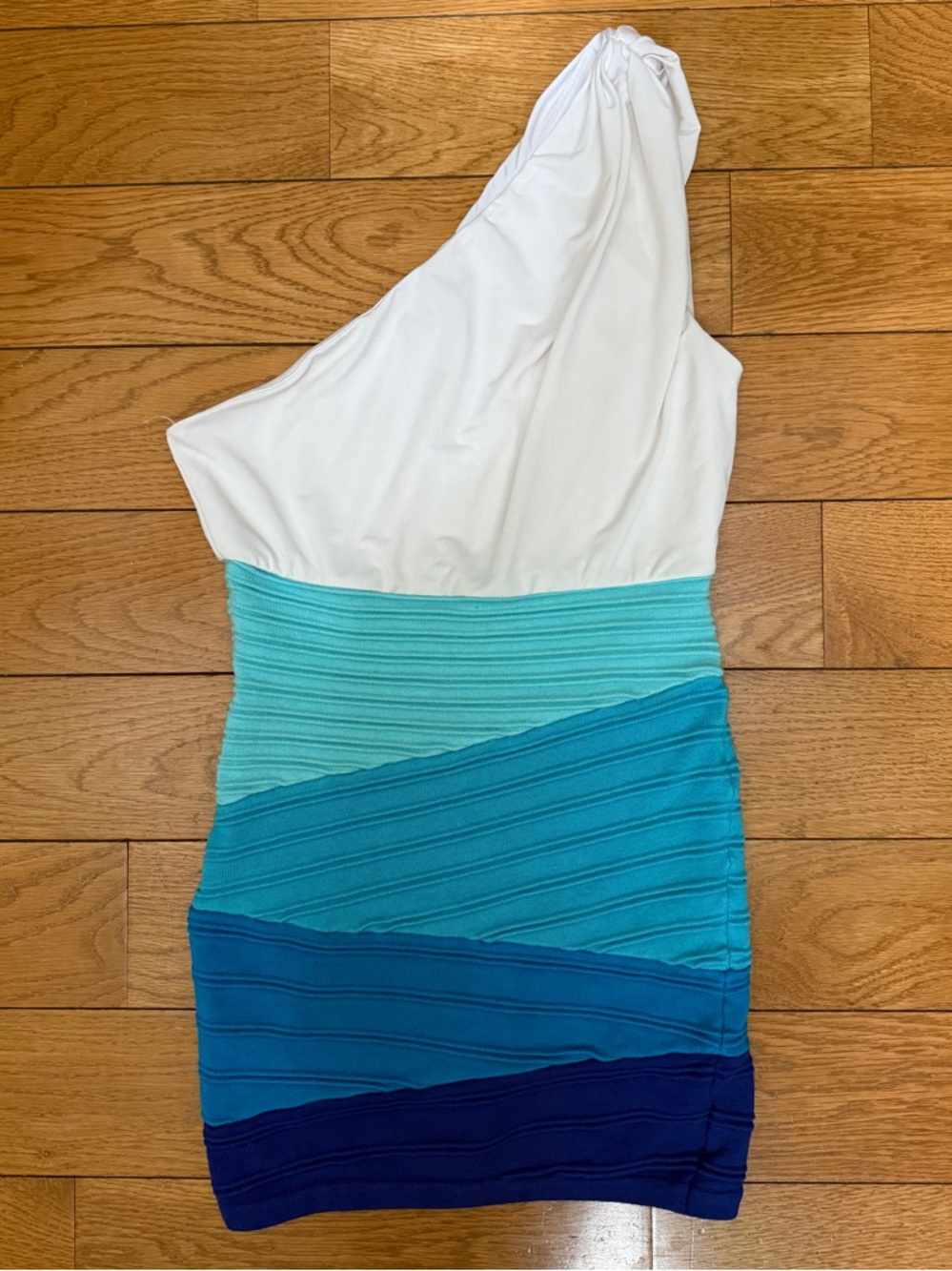 WOW Couture White One-Shoulder Bodycon Dress with Blue Panels